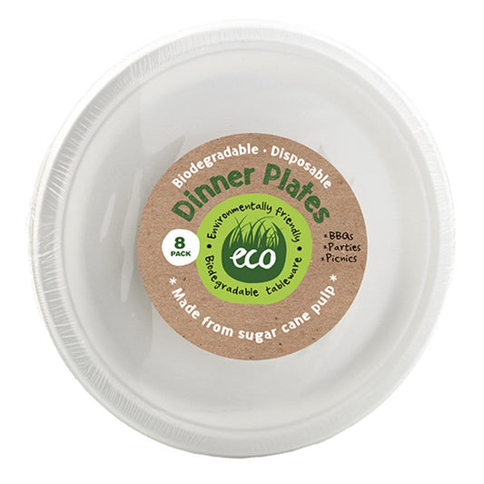 White Disposable & Biodegradable Dinner Plates (26cm) 8 Pack