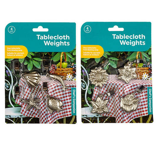 Silver Embossed Tablecloth Weights with Clips – 4-Pack (Coastal or Floral Designs)