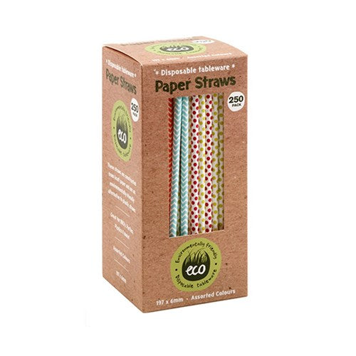 ECO Paper Straws 250 Pack Bright Bold Assorted Designs